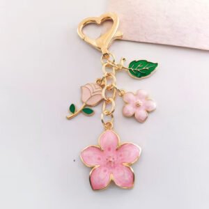 Pink Cherry Blossom Rose Enamel Keychain