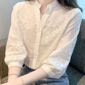 New Chinese Style Hollow Embroidery Women'S Shirt, Comfortable Pure Breathable Top, Ethnic Style Pullover Women'S T-Shirt