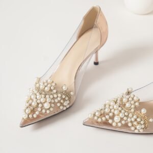 Bridal Heels 7Cm Clear Stiletto Pearl Embroidery Wedding Shoes Slim Comfort, Women Shoes