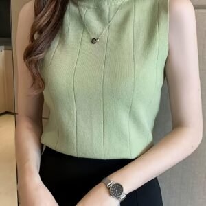 Women'S Light Green Sleeveless Ribbed Vest - Chic Round Neck, Stretchy & Breathable, Perfect for Spring/Summer/Fall, Versatile Layering Piece, Ladies Tank Tops, Elegant Vest For Women, Vest For Women, Top For Women