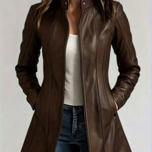 Women's Solid Color Stand Collar Zipper Slim Fit Midi Faux Jacket