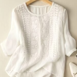 Lace Embroidered White Top Women'S Summer Gentle Style Loose Top