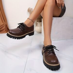 Women'S Elegant Lace-Up Loafers Preppy College Vintage British Style Thick Sole Comfortable Casual Flats, Women Shoes