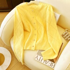 Women's Fashionable Versatile Simple Hollow-Out Diamond Pattern Cardigan Autumn/Winter Sweater