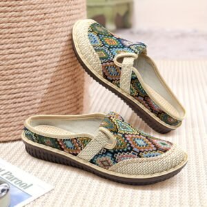 Women'S Geometric Closed-Toe Mules, Round Toe Non-Slip Linen Clogs Casual Slides Shoes, Women Shoes
