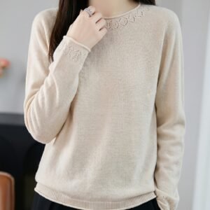 Autumn Winter New Women'S Fashioned Ruffled Round Neck Sweater Solid Color Hollow Pullover Top All-Match Long Sleeve Sweater Elegant Elastic Inner Layer Base Layer Soft And Skin-Friendly Base Layer Sweater Neckline Cuffs Exquisite Hollow Crochet Pat