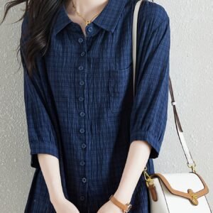 Plus Size - Plus Size - 1pc Checkered Patterned Shirt, Casual Style with Turn- Collar, 3/4 Sleeves And Pocket Detail, Suitable for Daily Commute, Women'S Top