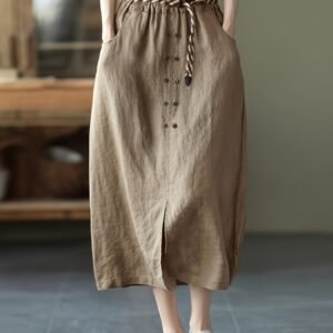 Women's Workwear A-Line Skirt with Elastic Waist, Mid-Length Solid Color Slit Skirt (Belt and Drawstring Not Included)