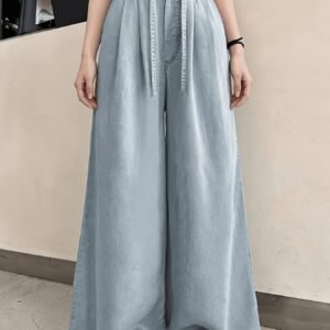 Girls' Clothing - Spring/Summer Denim Pants for Teenagers - Solid Color Tencel with Faux Pockets - Wide-Leg Trousers Suitable for Outdoor Activities, School, Family Gatherings - Back-To-School Season Gift