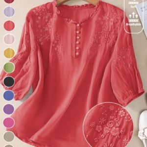 Women's Spring/Autumn Embroidered Loose Fit Casual Artistic Vintage Mid-Sleeve Shirt Top DP042772