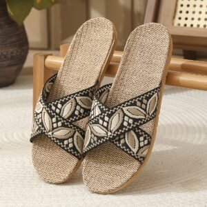 Women'S Ethnic Crisscross Linen Slide Slippers, Vintage Pattern, Breathable All-Season Indoor House Slippers, Women Shoes