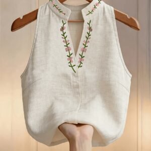 New Embroidered V-Neck Short Collar Women'S Vest for Outing, Vacation, Fashion, Commute, Fresh Sleeveless Top