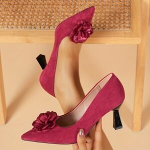 Burgundy Pointed-toe High Heels with Floral Embellishments and Elegant Stiletto Heels for Women, Women Shoes