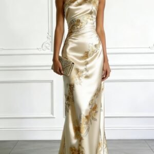 Elegant Champagne-Colored Off-Shoulder Satin Gown with Golden Floral Print, Slim-Fit Mermaid Floor-Length Evening Party Dress