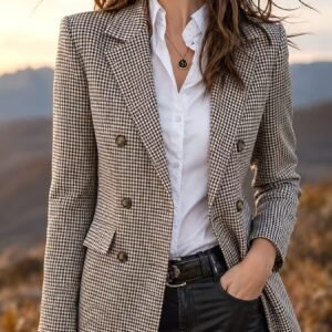 Loose Fit Women's Clothing, 1pc Plaid Double-Breasted Lapel Long Sleeve Button-Up Fashionable and Elegant Blazer Jacket NS702
