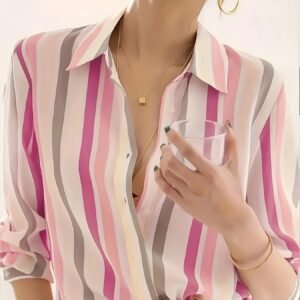 Women'S Casual Striped Shirt, Button-Up Design, Made Of, Suitable for Spring, Summer, And Autumn Casual Or Formal Wear | Classic Lapel Fashion Button-Up, Elegant Women'S Shirt, Beautiful Women'S Shirt, Autumn Women'S Top Trend, Women'S Clothing