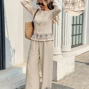 ASD1 Elegant Women's Floral Print Long-Sleeve Top and Long Pants Casual Daily 2pcs Set