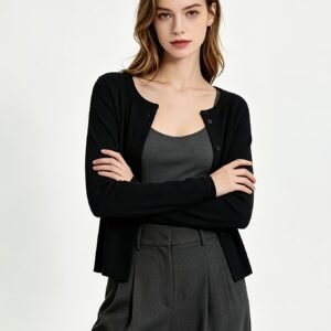 Women's Solid Color Round Neck Cropped Cardigan, Versatile Long Sleeve Lightweight Outerwear for Spring and Autumn Commuting