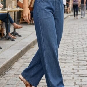 Solid Color Washed Dark Blue Elastic Waist Loose Pleated Faux Jeans, Wide-Leg Faux Jeans, Women'S Faux Jeans And Spring/Autumn Clothing