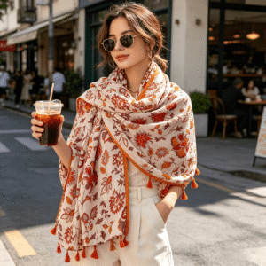 Women's Large Oversized Beige & Orange-Red Vintage Floral Fringe Scarf Shawl - Soft -Friendly Polyester Shawl Suitable for Daily Commute, Outing, Gift for Girlfriend, Machine Washable Fringe Trim Scarf